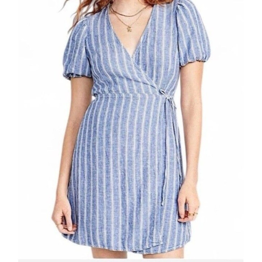 Old Navy Short Puff Sleeve Railroad Stripe Linen Blend Wrap Dress Boho Size XXL